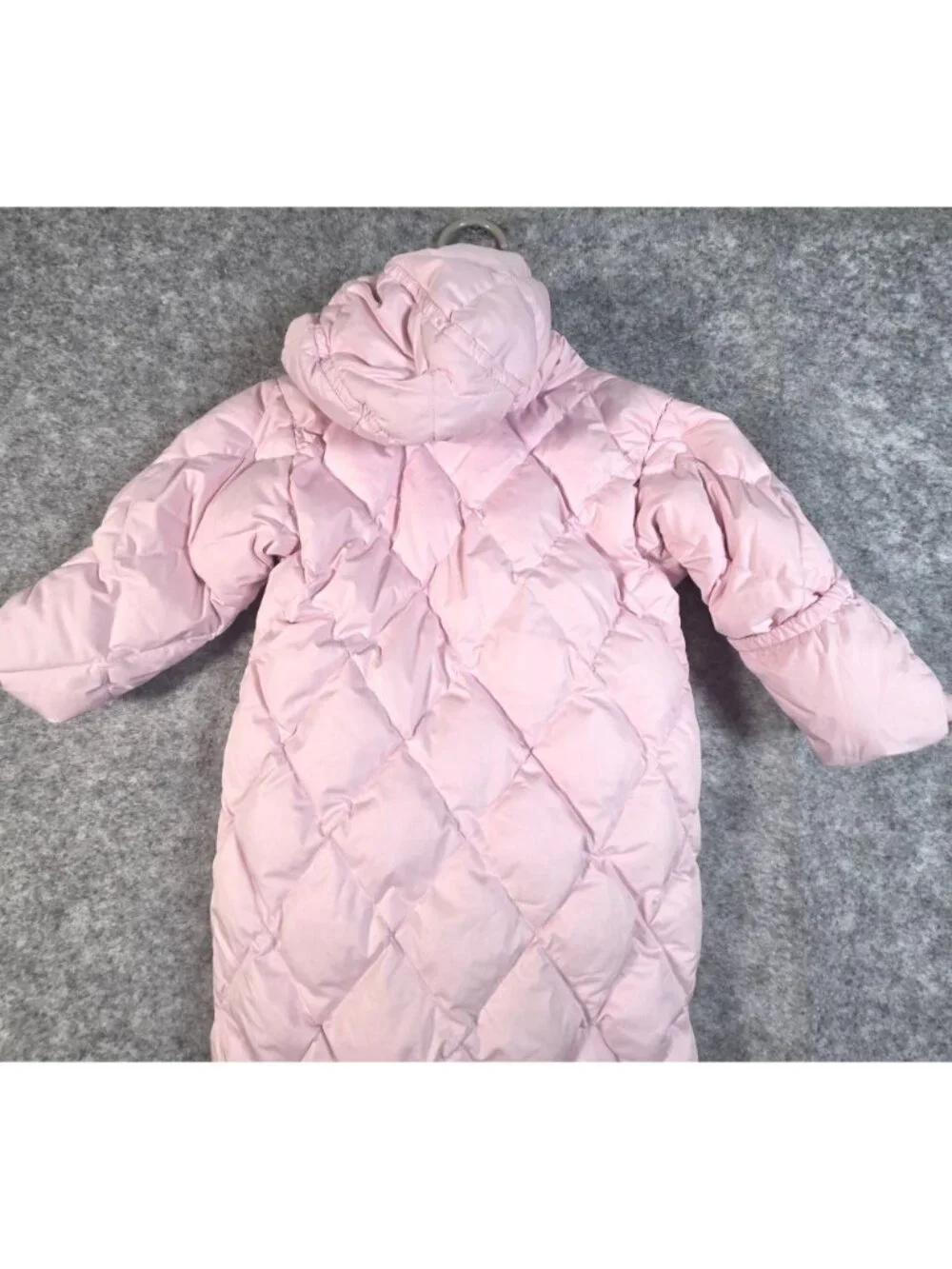 Lands’ End Baby Pink Quilted Hooded Snowsuit Fold Over Mittens Booties 12-18 Mon